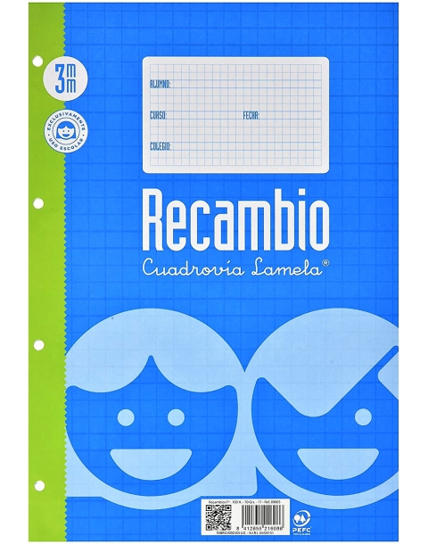 RECAMBIO TAMAÑO FOLIO CUADROVIA DE 3MM CON 100 HOJAS DE 4 TALADROS DE LAMELA