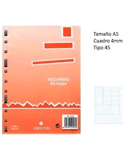 RECAMBIO TAMAÑO A5 4º DE 80 HOJAS CUADRICULA 45 MULTITALADRO DE EDELVIVES