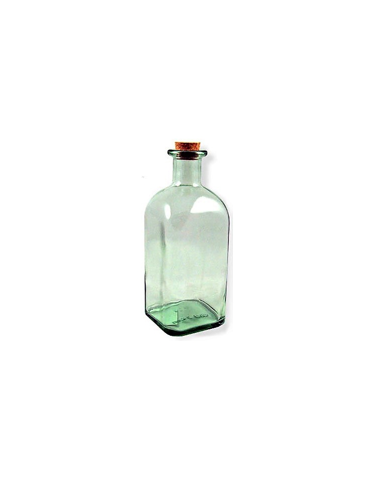 Botella de cristal pequeña rectangular alargada con tapón de corcho
