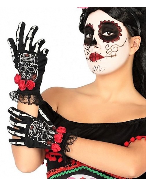 CARNAVAL GUANTES ESQUELETO CALAVERA DECORADA CATRINA HALLOWEEN. 39719 ATOSA.