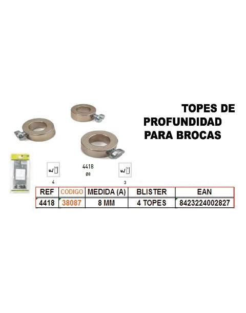 TOPE DE PROFUNDIDA PARA BROCA DE 8MM. EN BLISTER DE 4 UNIDADES.