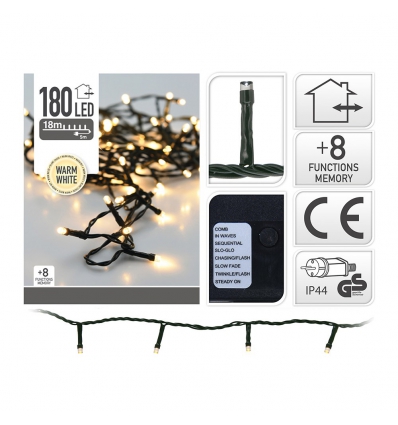 GUIRNALDAS DE 180 LUCES LED LUZ CALIDA CON 8 FUNCIONES Y 18M. Y CON CABLE VERDE.