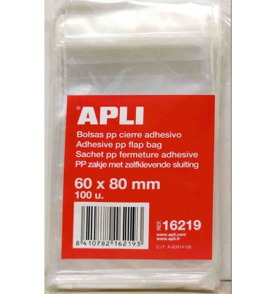 BOLSAS DE CIERRE ADHESIVO DE 60X80MM. DE POLIPROPILENO BLISTER CON 100 UNIDADES MARCA APLI.