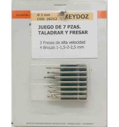 JUEGO DE 7 PIEZAS DE BROCAS MINI PARA TALADRAR Y FRESAR. MARCA REYDOZ 26212. PRECIO POR BLISTER