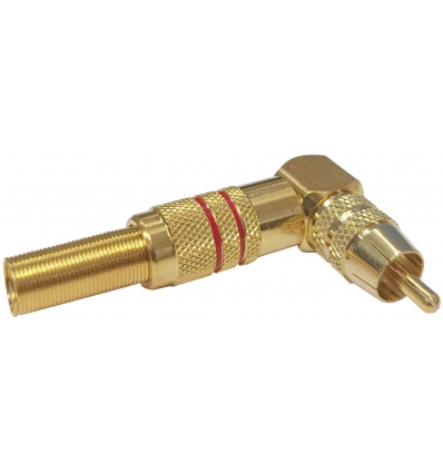 CONECTOR CLAVIJA DE AUDIO MACHO RCA ACODADO DORADA Y ROJA. CARCASA METALICA