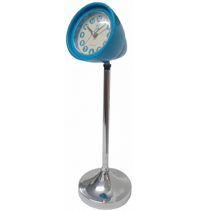 RELOJ DESPERTADOR COLOR AZUL DE PLASTICO CON PIE DE METAL DE 30CM DE ALTO Y BASE DE Ø 10CM. REDONDA METALICA