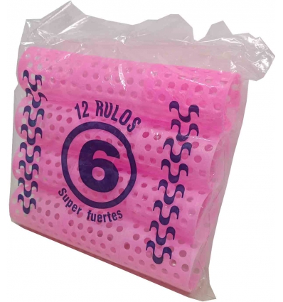 RULOS PARA PELO DEL Nº 6 SUPER FUERTES DE PLASTICO ROSA TRANSLUCIDO EN BLISTER DE 12 UNIDADES.