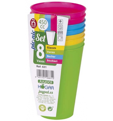 VASO DE PLASTICO EN BLISTER DE 8 UNIDADES DE 450ML. CON COLORES SURTIDOS DE JUYPAL 56631. FABRICADO EN ESPAÑA