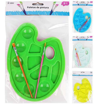 PALETA DE PINTOR PARA ACUARELAS DE PLASTICO DE 10 HUECOS EN BLISTER DE 2 UNIDADES + 2 PINCELES DE MARKET SUPREM A1240