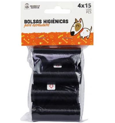 BOLSA NEGRA DE EXCREMENTOS DE PERRO DE 31,5X23CM EN ROLLO EN BLISTER DE 4 ROLLOS X 15 UNIDADES DE MARKET SUPREM 28818