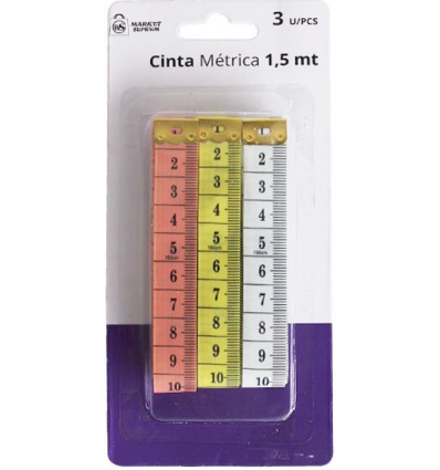 METRO MODISTA CINTA METRICA DE 1.5M. EN PACK DE 3 UNIDADES. DE MARKET SUPREM 25750.