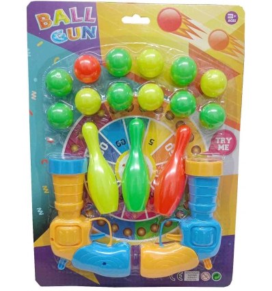 JUEGO DE BOLOS EN BLISTER DE 17 PIEZAS CON PISTOLAS LANZABOLAS DE BALL GUN 24975.