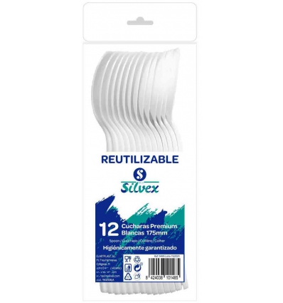 CUCHARA DE PLASTICO REUTILIZABLE DE 17,5CM PREMIUM BLANCA EN PACK DE 12 UNIDADES. DE SILVEX 1485.