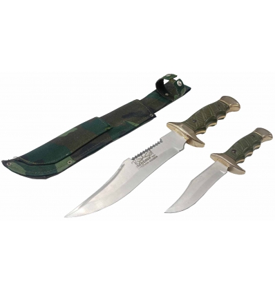 MACHETES MONTAÑA 1 GRD 20CM HOJA 32CM TOTAL 1 PQ 11CM HOJA 20CM TOTAL PUÑO DE FIBRA Y DORADO Y FUNDA CAMUFLAJE MONTERO 1840.