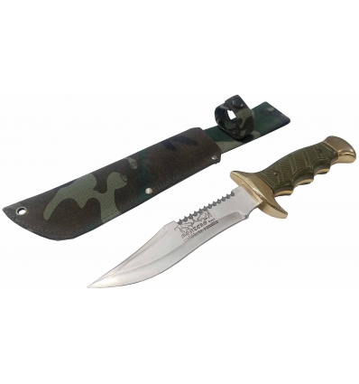 MACHETE DE MONTAÑA MEDIANO DE 16CM HOJA Y 28CM TOTAL DE PUÑO DE FIBRA Y DORADO CON FUNDA CAMUFLAJE PARA CINTURON MONTERO 1828.