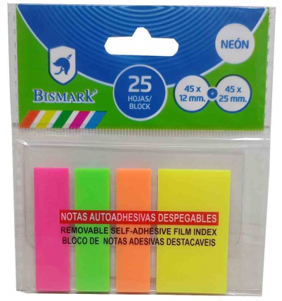 TACO NOTAS AUTOADHESIVAS DESPEGABLES 3 DE 45X12MM Y 1 DE 45X25MM DE 25 UNDS. X TACO DE COLORES FLUORESCENTE NEON BISMARK 921051.