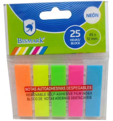 TACO NOTA AUTOADHESIVAS DESPEGABLES, 5 DE 45X12MM DE 25 UNDS X TACO, COLORES FLUORESCENTE NEON DE BISMARK 318276.