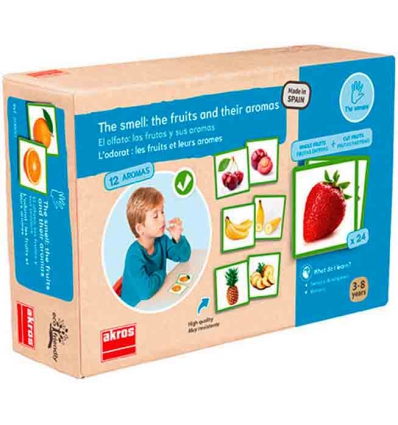 JUEGO MONTESSORI SOBRE EL OLFATO: LAS FRUTAS Y SUS AROMAS DE AKROS HECHO EN ESPAÑA.