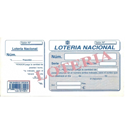 TALONARIO DE PARTICIPACIONES DE LOTERIA NACIONAL DE 21X10CM. CON MATRIZ.