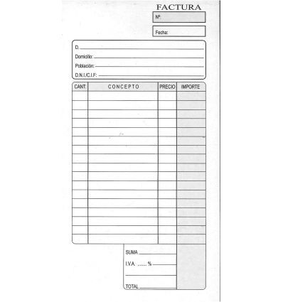 TALONARIO DE FACTURAS SIMPLE TAMAÑO 3º FOLIO ORIENTACION NATURAL VERTICAL CON 100 JUEGOS DE LIDERPAPEL T112.