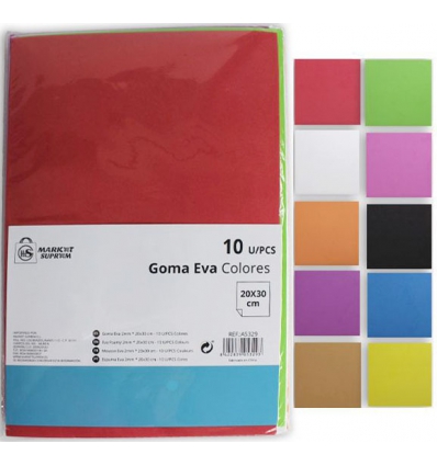 GOMA EVA 10 LAMINAS DE COLORES DE 2MM. GROSOR Y 20X30CM. LISAS DE MARKET SUPREM A5329.