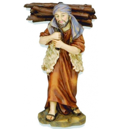 FIGURA DE PASTOR CON LEÑA DE RESINA DE 11CM. PARA DECORACION DE BELEN NAVIDEÑO.