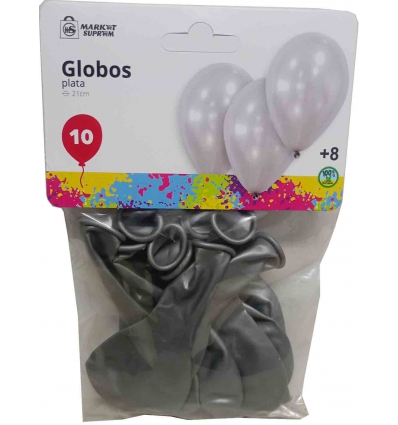 GLOBOS PLATEADOS DE Ø 21CM. EN BLISTER DE 10 UNIDADES DE MARKET SUPREM 51168.