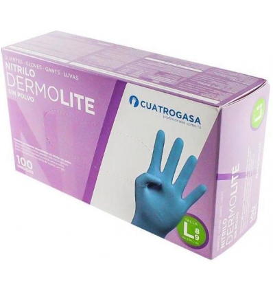 GUANTES DE 1 USO DERMOLITE EN CAJA DE 100 UNIDADES, GRANDE DE NITRILO SIN POLVO. DE CUATROGASA 240047.