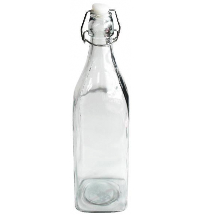 BOTELLA DE CRISTAL DE 1L. TRANSPARENTE CON BASE CUADRADA DE 8X8X32CM. CIERRE ALAMBRE Y PLASTICO. DE MARKET SUPREM 41006.