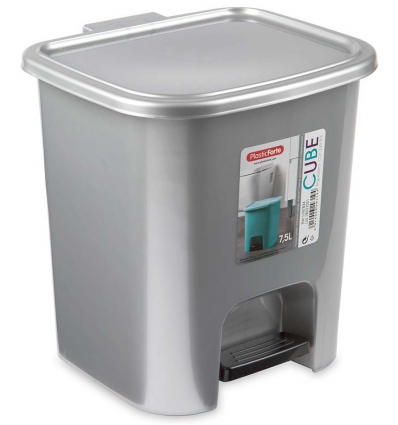 CUBO BASURA PAPELERA DE 7.5L. DE PLASTICO COLOR PLATA CON PEDAL ABRE TAPA. DE PLASTICFORTE 1197812.