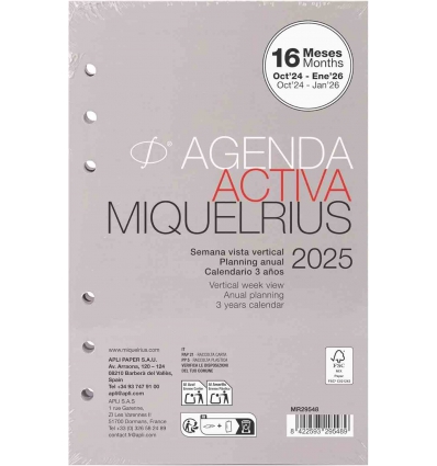 RECAMBIO DE AGENDA PLUS MIQUELRIUS 2025 DE A5 4º DE 1 DIA PAGINA CONTIENE 16 MESES DESDE OCTUBRE 24 A ENERO 26.