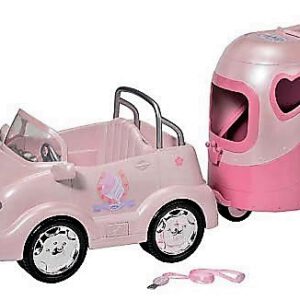 COCHE DESCAPOTABLE CON REMOLQUE PARA CABALLO CON LUCES Y 3 MELODIAS PARA MUÑECO BABY BORN