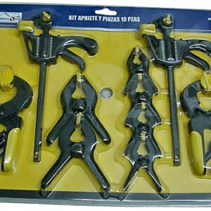 KIT DE SARGENTO GATO Y PINZAS MOLDAZA APRIETE TOTAL DE 10 PIEZAS DE PLASTICO RIGIDO.