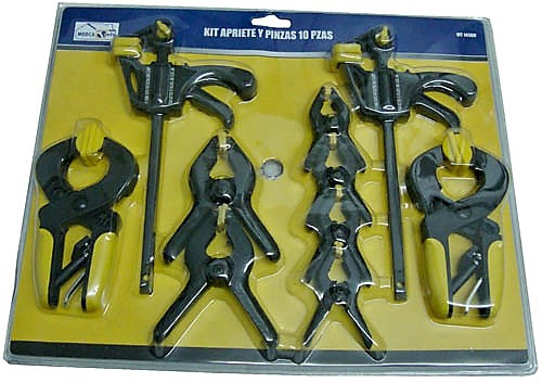 KIT DE SARGENTO GATO Y PINZAS MOLDAZA APRIETE TOTAL DE 10 PIEZAS DE PLASTICO RIGIDO.