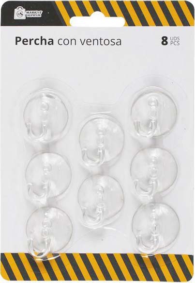VENTOSA CON GANCHO TIPO PERCHA TRANSPARENTE DE Ø 3CM. Y EN PACK DE 8 UNIDADES. DE MARKET SUPREM 54679