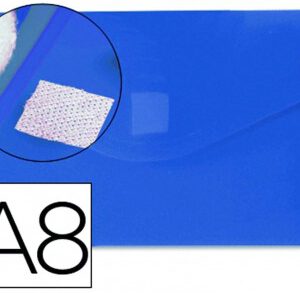CARPETA PORTADOCUMENTOS TIPO SOBRE DE POLIPROPILENO AZUL TRASLUCIDO, TAMAÑO A8 DE 11X7CM. APAISADO CON BROCHE DE VELCRO.