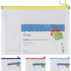 SOBRE PORTADOCUMENTOS DE PLASTICO TRASLUCIDO, TAMAÑO A5 210X148MM. CON CREMALLERA Y ANILLA DE COLORES DE MARKET SUPREM A1314.