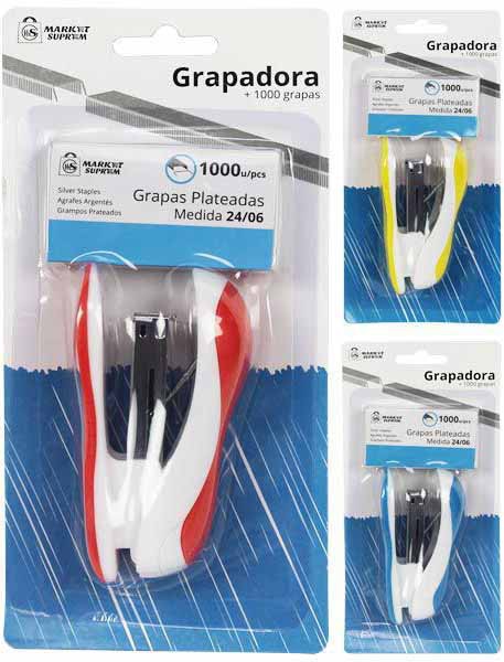GRAPADORA CON 1000 GRAPAS 24/6 PLATEADAS DE MARKET SUPREM A5373.