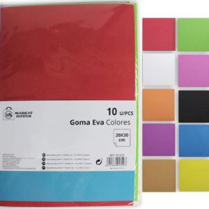 GOMA EVA 10 LAMINAS DE COLORES DE 2MM. GROSOR Y 20X30CM. LISAS DE MARKET SUPREM A5329.