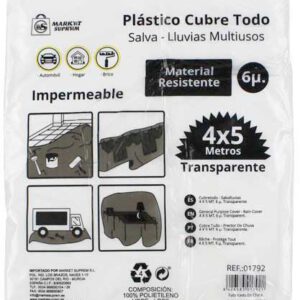 PLASTICO DE 4X5M. Y 6 MICRAS. EN BOLSA. TRANSPARENTE PARA CUBRE TODO, SALVA LLUVIA. DE MARKET SUPREM 01792.