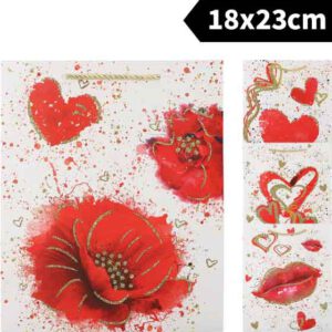 BOLSA PARA REGALO DE 23X18X10CM. DECORADA CON CORAZONES Y PURPURINA. CON ASAS DE CORDON. DE MARKET SUPREM A2194. PRECIO POR UNIDAD.