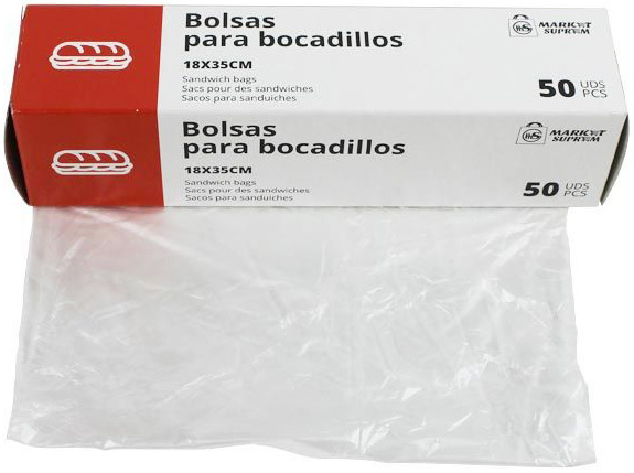 BOLSA PARA BOCADILLOS DE 18X35CM EN PAQUETE DE 50 UNIDADES. DE MARKET SUPREM 17224. FABRICADO EN ESPAÑA.