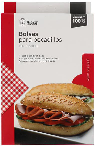 BOLSAS PARA BOCADILLOS DE 25X35CM. REUTILIZABLES EN CAJA DE 100 UNIDADES. DE MARKET SUPREM A1463.