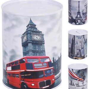 HUCHA METALICA DE LATA DE Ø 8.5CM. X 11.5CM. DE ALTO. CON MOTIVOS DE MONUMENTOS. DE MARKET SUPREM A2573. PRECIO POR UNIDAD