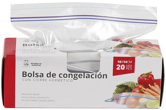 BOLSA DE CONGELACION DE CIERRE HERMETICO DE 16X14CM. EN PAQUETE DE 20 UNIDADES DE MARKET SUPREM A1469.