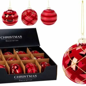 BOLAS DE VIDRIO ROJAS DE Ø 8CM. DECORADAS PARA NAVIDAD. EN CAJA EXPOSITORA DE 12 UNIDADES DE KOOPMAN CHRISTMAS 518349. PRECIO POR CAJA.