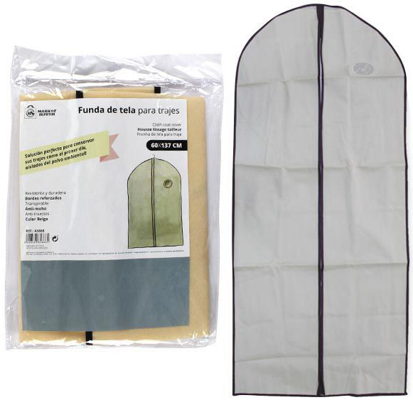 BOLSA FUNDA DE TELA PARA GUARDAR TRAJES DE 60X137CM. CON CREMALLERA. ANTI-MOHO. DE COLOR BEIGE. DE MARKET SUPREM A5868.